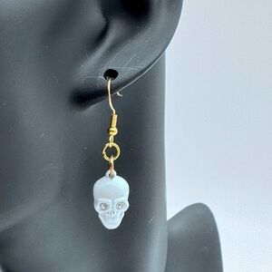 Handmade Gold and White Skull Dangle Halloween Earrings